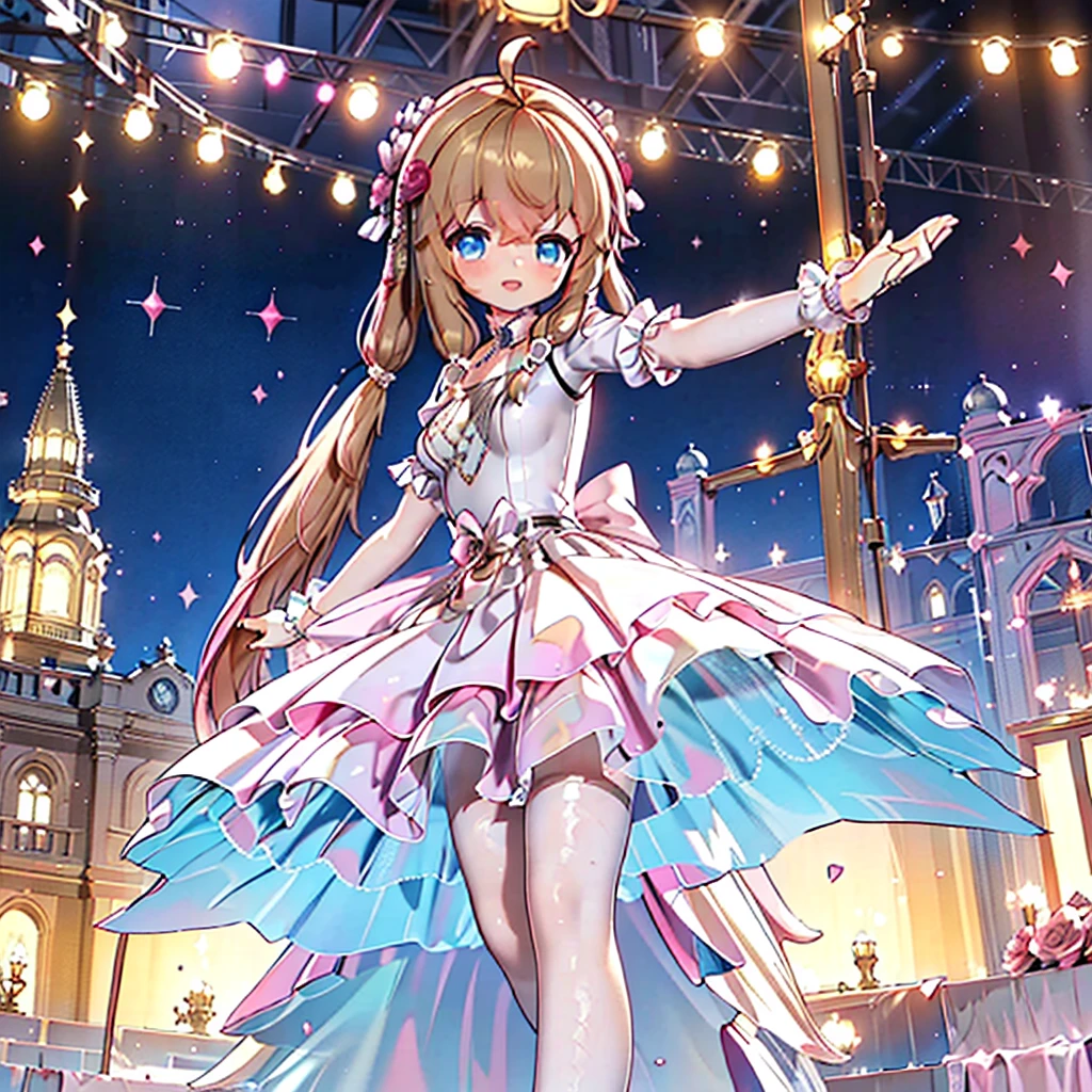 Solo, 1 girl, comical, kawaii, Blue eyes, light brown hair, long twintails, (princess dress), ((yellow princess dress 1.5)), open mouth smile, from back, mid shot, dance at the stage, neon and led lights, posing, sexy, high-resolution image, masterpiece, high quality, attractive eyes
