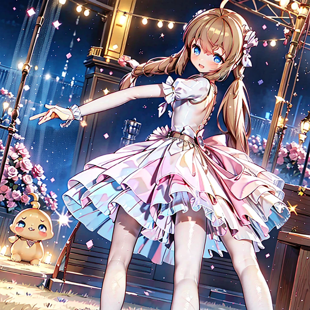 Solo, 1 girl, comical, kawaii, Blue eyes, light brown hair, long twintails, (princess dress), ((yellow princess dress 1.5)), open mouth smile, from back, mid shot, dance at the stage, neon and led lights, posing, sexy, high-resolution image, masterpiece, high quality, attractive eyes
