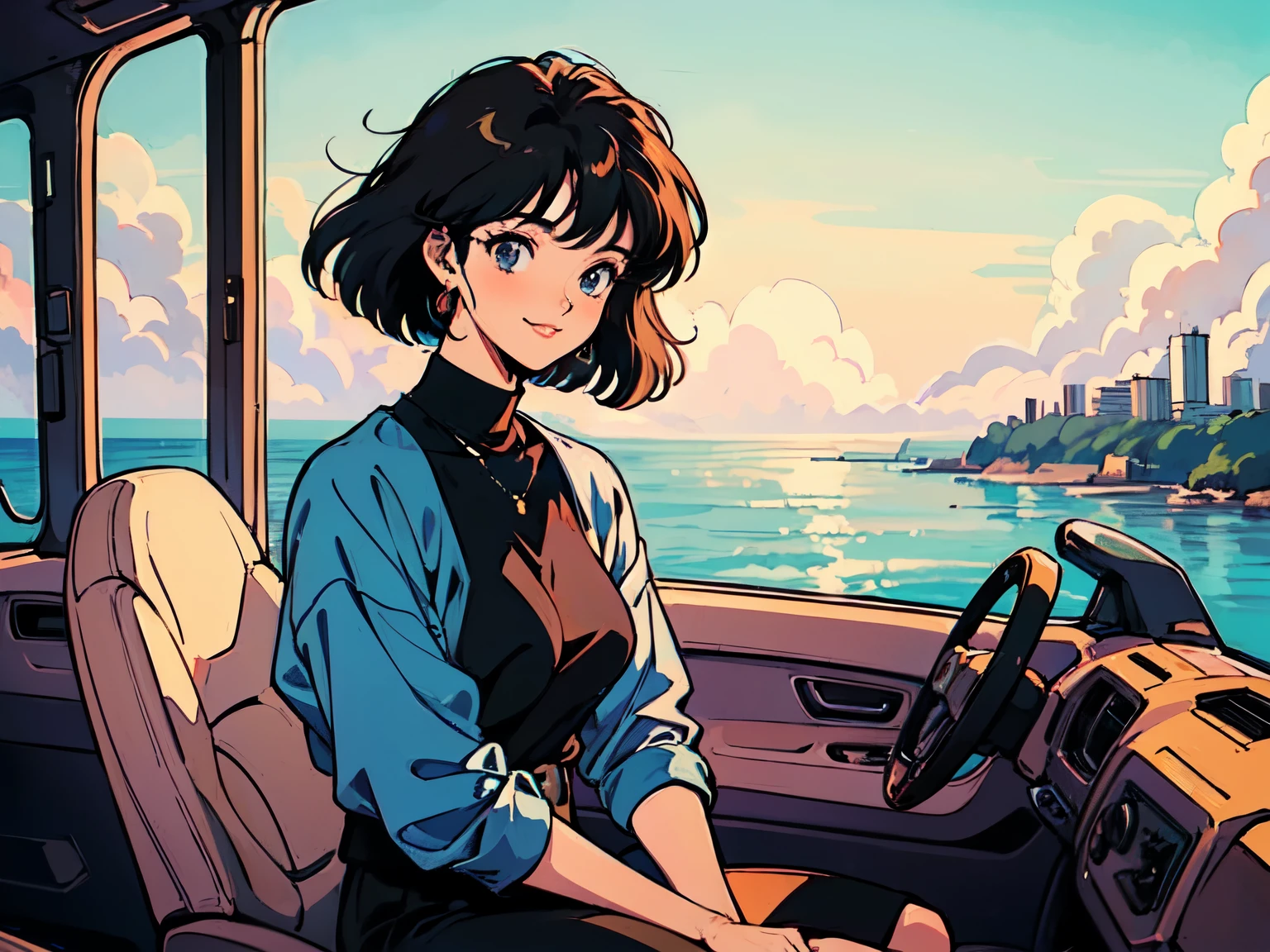 (80's, Retro, City Pop), (masterpiece, Highest quality, Intricate details), (anime, figure), (pastel colour:1.3), 16:9,Ocean,blue sky,Sit in the car,
girl, alone, smile, A perfect eye for detail, Delicate face,High Fashion, 