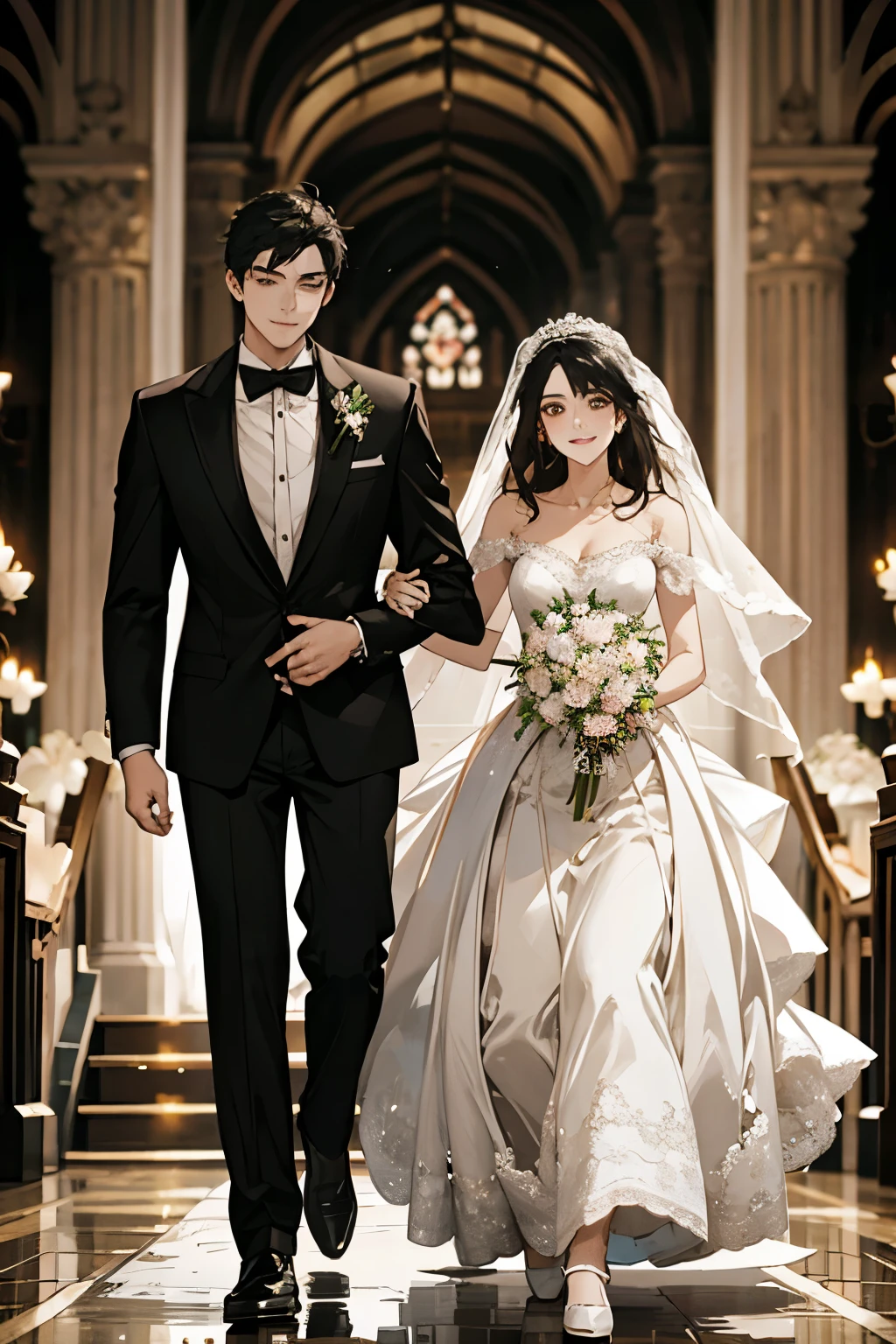 Wedding scene,The bride in a white wedding dress is walking towards me with a bouquet of flowers,Smiling slightly,Perfect face,Black Hair,Perfect face,Full body portrait
