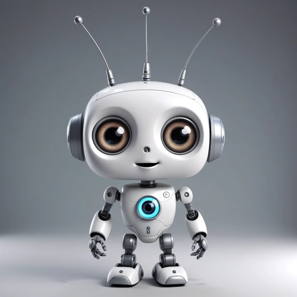 「Lost in the digital world」、Cartoon style robot with a friendly face,Big eyes,antenna,