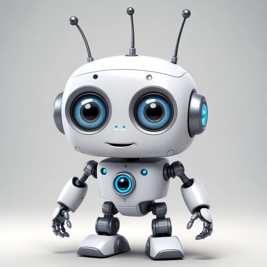 「Lost in the digital world」、Cartoon style robot with a friendly face,Big eyes,antenna,