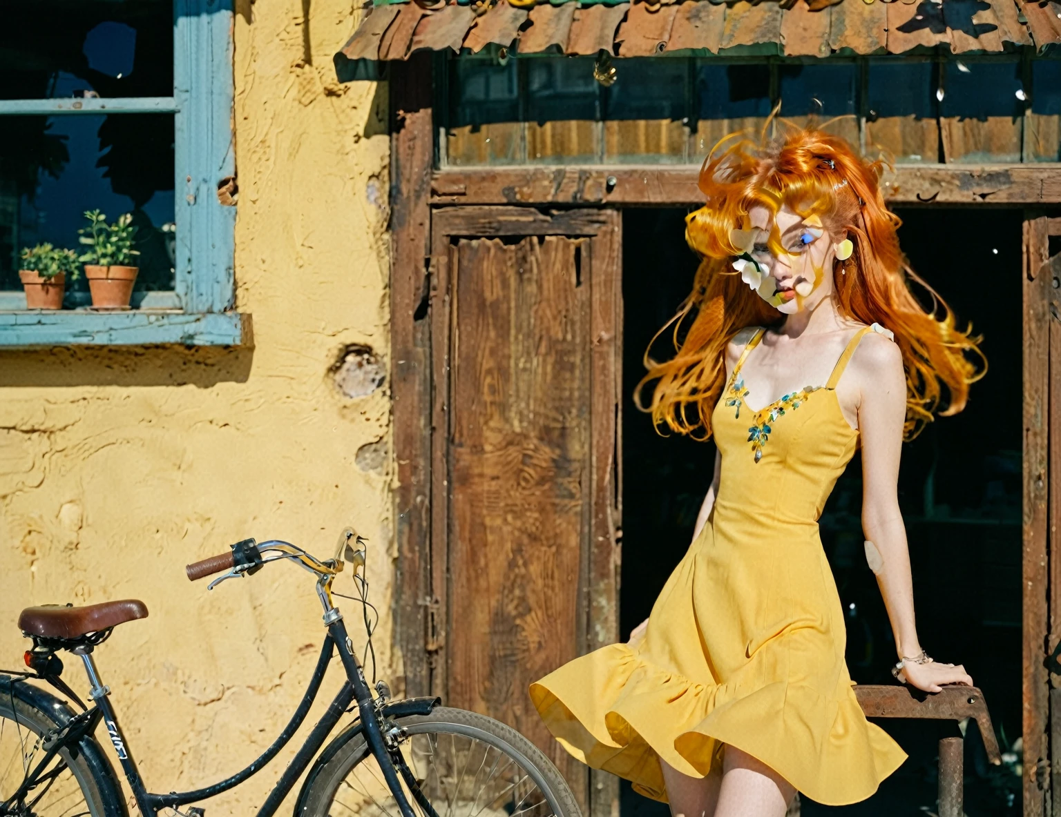 woman in yellow dress standing next to a bicycle in front of a building, photoshoot, photo studio, RAW photo, editorial photograph, film stock photograph, cinematic, posing, amateur photo, full body portrait, analog, raw, f2, 35mm, an (amateur photo), flash photography, taken on an old camera, polaroid, 8k, highly detailed, (high quality, best quality:1.3), Extremely high-resolution, film grain, very long hair, picture of a beautiful young woman, NOT dasha_taran, sfw, ((natural orange hair)), hair ornaments, ((macro lens)), natural, blue eyes, solid pupils, realistic eyes in maximum detail, feminine expressions, photography, dslr, 35mm, Fujifilm Superia Premium 400, Nikon D850 film stock photograph, Kodak Portra 400 f1.6 lens, 8k, UHD, realistic skin, well cared skin, skin pores, closed mouth, fine small lips, facial symmetry, perfectly detailed face, 