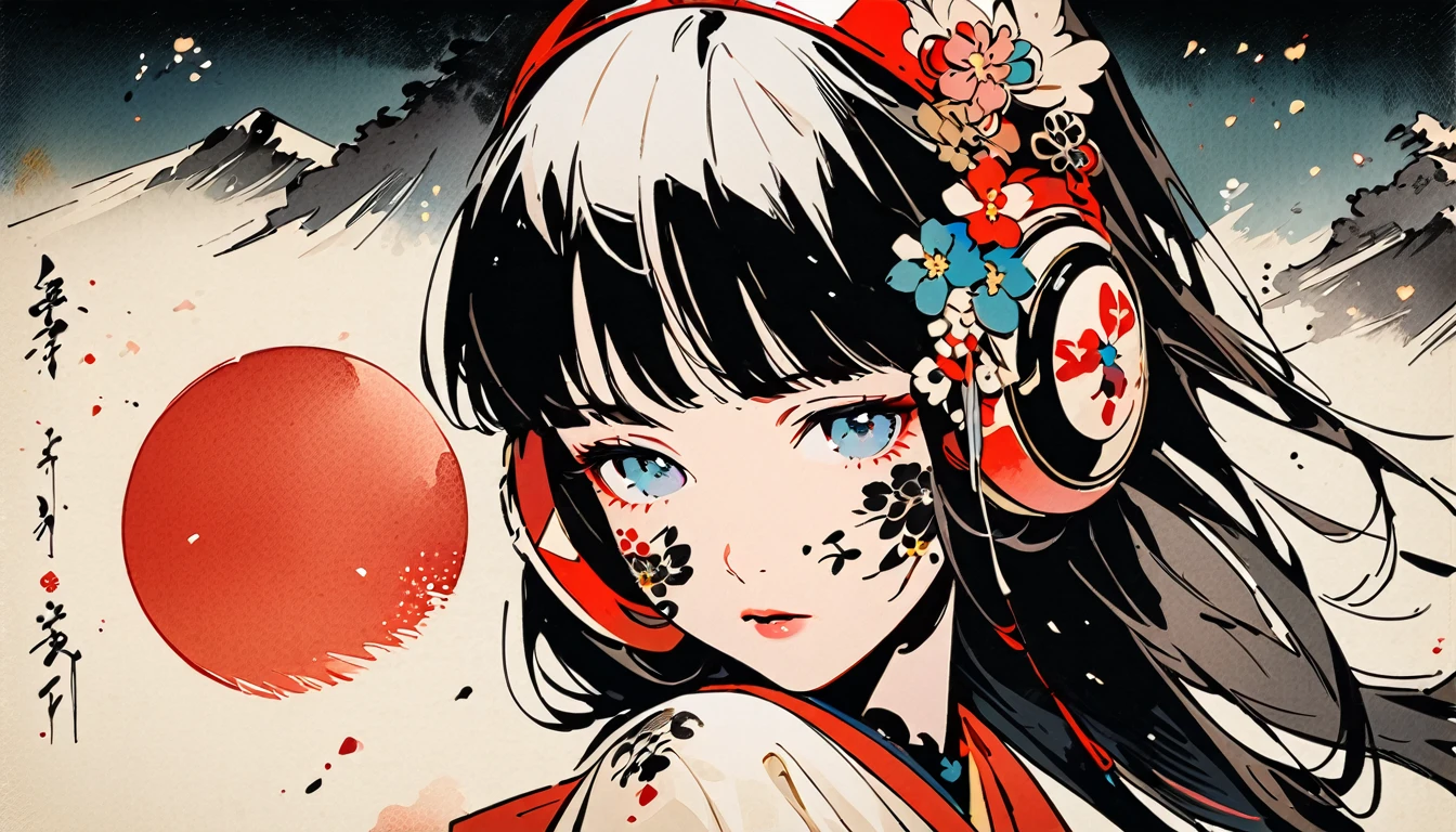 Fashion portrait color photos, Ink Painting, (((1 girl))), (((Tattoo on face))), (((Gorgeous hair accessories))), Japanese style headphones, face close-up, Japanese beautiful girl, Black Hair, Delicate and precise, Modern ukiyo-e style