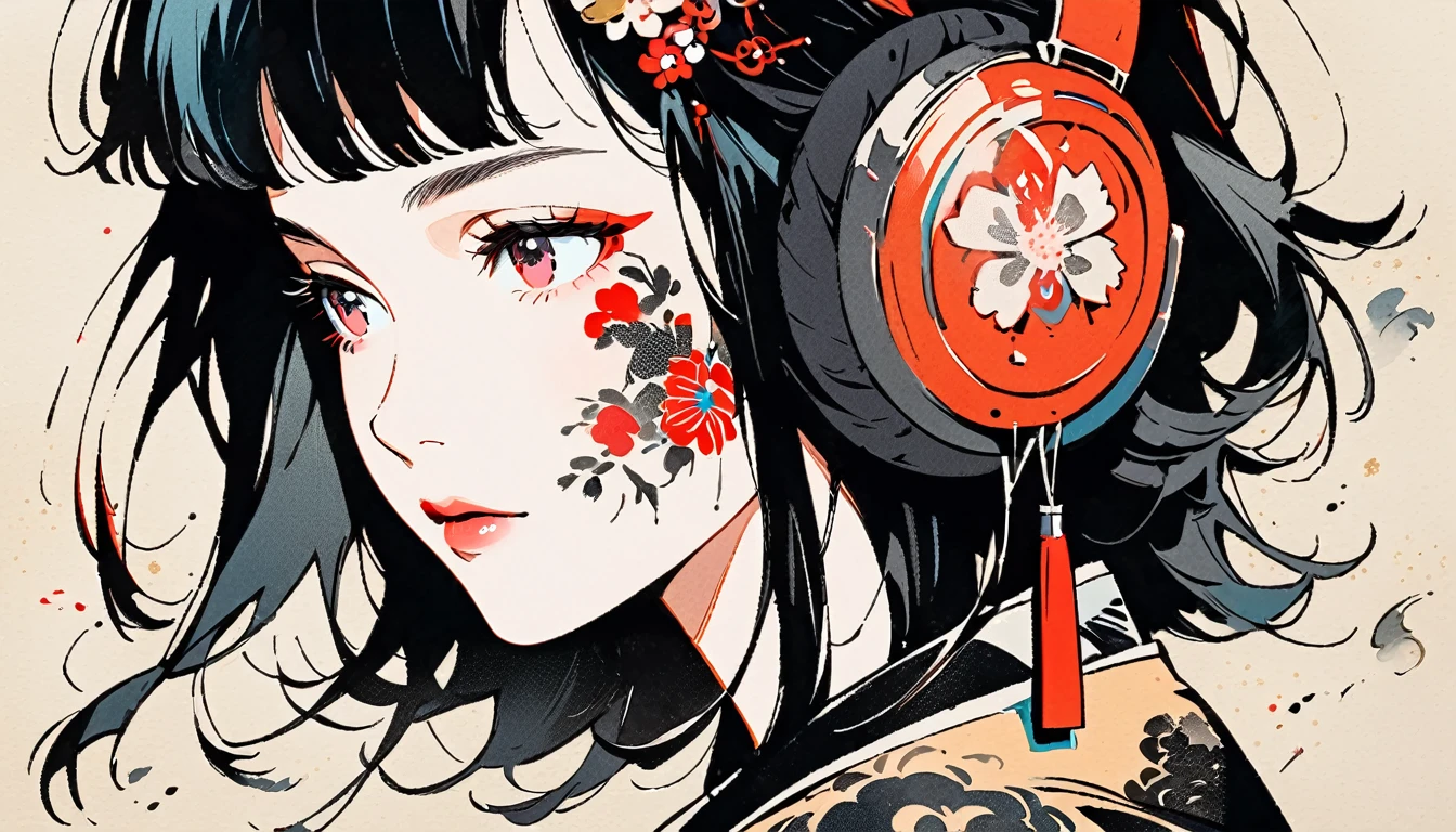 Fashion portrait color photos, Ink Painting, (((1 girl))), (((Tattoo on face))), (((Gorgeous hair accessories))), Japanese style headphones, face close-up, Japanese beautiful girl, Black Hair, Delicate and precise, Modern ukiyo-e style
