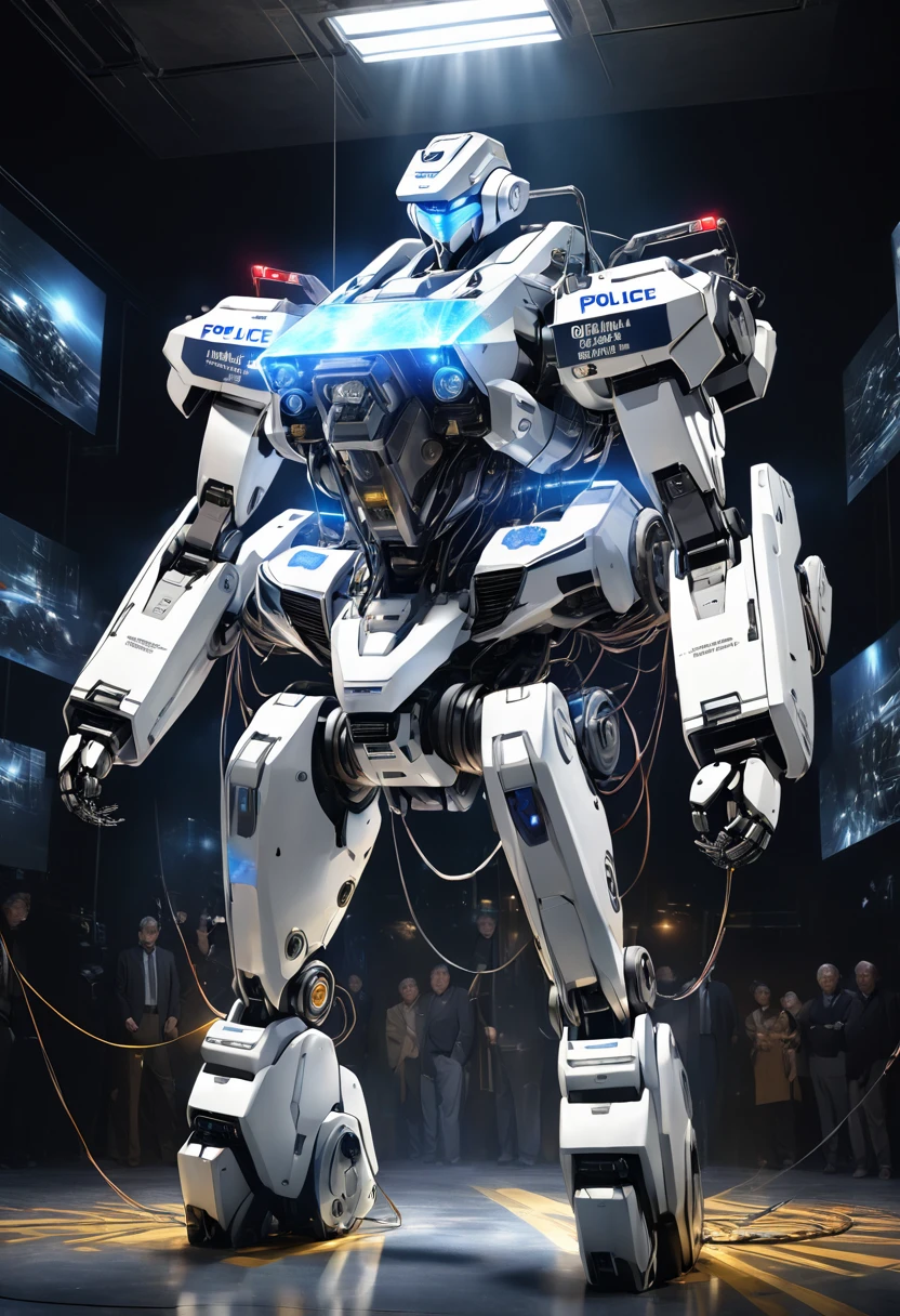 3dCG Concept art,Depicting a futuristic police-type humanoid robot,The robot is humanoid and has the same height as a human.The whole body is mechanical and it is like a mannequin that is an independent robot that cannot be operated by humans.The paint is mainly white with the police colors of the city police mixed in.A completely inorganic and emotionless machine.He can recreate optical camouflage on his body using holographic effects.The background shows police cars flashing numerous patrol lights at a crime scene at night,The robot is tethered to numerous cables and waits for the time to be deployed.The beautiful depiction and luster of the robot's entire body mechanism, the beauty and powerful effect of the holographic effect of the body,The sense of urgency and tension immediately after the incident, Super Realistic,Photo-like resolution,(High quality, high quality, 4k, 8k:1.2), ultra detail.Cinema lighting, dramatic lighting,Ultra-fine painting, physically based rendering, professional photography,holographic