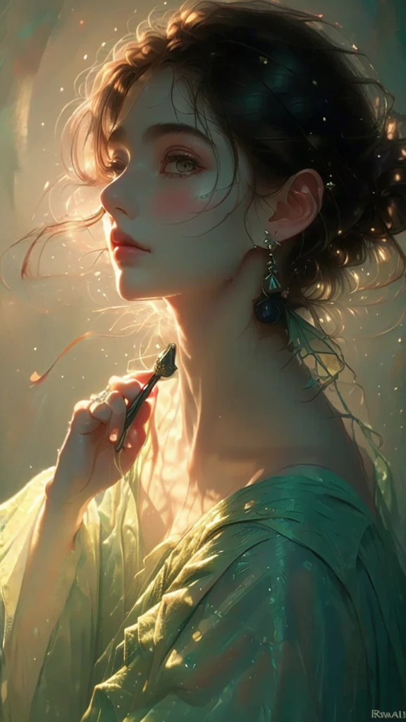( masterpiece, top quality, best quality,8k,17 years old girl,ultra detailed,raw photo:1.5),(photorealistic:1.4), (cinematic lighting), PerfectNwsjMajic, , Surrealism, UHD, ccurate, Super detail, textured skin, High detail, Best quality, dynamic angle, White skin,[Beautiful blue eyes], high nose,[flat chest:large breasts:0.5],(1girl),(good anatomy:0.5)), Dreamy atmosphere, Dark-toned background, expressive brush strokes, mystical ambiance, Artistic interpretation, Stunning Studio Ghibli style costumes, a whimsical illustration, Subtle colors and tones, mystical aura,