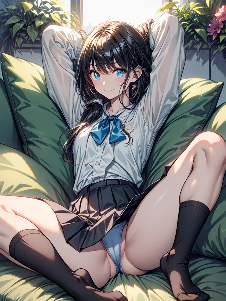 nsfw,High resolution、High resolution、high quality、masterpiece、1 female、Ellen Baker、School classmates、18-year-old、high school girl、Slim and long beautiful legs、skinny、blonde、blue eyes、Bedroom、Lying on the bed、((open legs:1.5)),Standing on tiptoes,Knee Up、attractive way to sit、Cute pose、(((arms behind head:1.5))),blackboard、smile、((Head to toe))、((Close-up of a woman))、(((school uniform))),((White Shirt)),((Blue Neck Ribbon)),((Pleated skirt))、((((Black knee-length socks))))、loafers,show panty,Yellow-green panties、Award-winning design panties、((I was made to sit with my legs apart...))、((trembling:1.4))