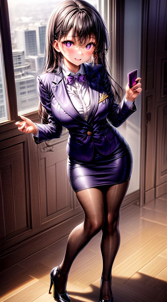 masterpiece, best quality, 1girl, smile, purple eyes, blazer, pencil skirt, high heels, full body, indoors, office