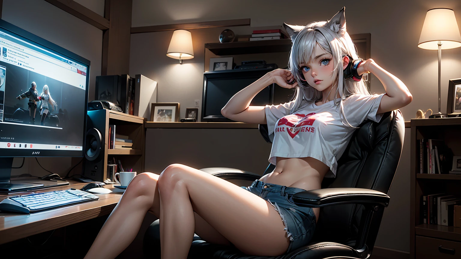 Create a top-quality image of a beautiful 18-year-old wolf girl. She has long silverish hair and blue eyes, wearing a see-through crop top that barely covers her nipples, highlighting her slender figure. She is also wearing short shorts or sleep shorts. The girl is sitting in a modern gaming chair in a dimly lit, modern room with the window open, allowing a gentle breeze to flow in. She poses in a seductive manner, facing the camera. Her room is filled with modern nerdy items that show her love for video games and anime, including gaming equipment like a high-end gaming PC, sleek gaming desk, ergonomic gaming chair, and the latest gaming console, as well as stylish anime posters and figurines. The image should exhibit high-quality visual artistry, with intricate details, capturing a cozy and alluring atmosphere.

