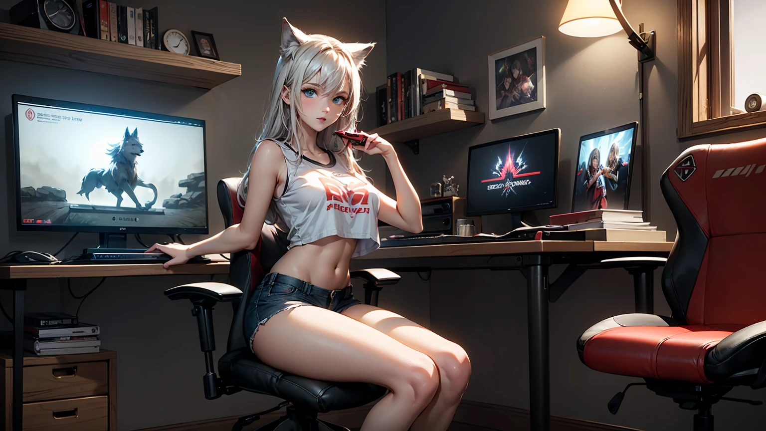 Create a top-quality image of a beautiful 18-year-old wolf girl. She has long silverish hair and blue eyes, wearing a see-through crop top that barely covers her nipples, highlighting her slender figure. She is also wearing short shorts or sleep shorts. The girl is sitting in a modern gaming chair in a dimly lit, modern room with the window open, allowing a gentle breeze to flow in. She poses in a seductive manner, facing the camera. Her room is filled with modern nerdy items that show her love for video games and anime, including gaming equipment like a high-end gaming PC, sleek gaming desk, ergonomic gaming chair, and the latest gaming console, as well as stylish anime posters and figurines. The image should exhibit high-quality visual artistry, with intricate details, capturing a cozy and alluring atmosphere.