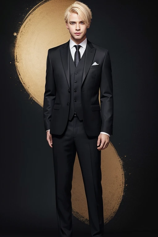 Man with blond hair, mysterious smile, master of psychology, wearing suit, elegant, modest look, elegant scum, black background, full-body shot