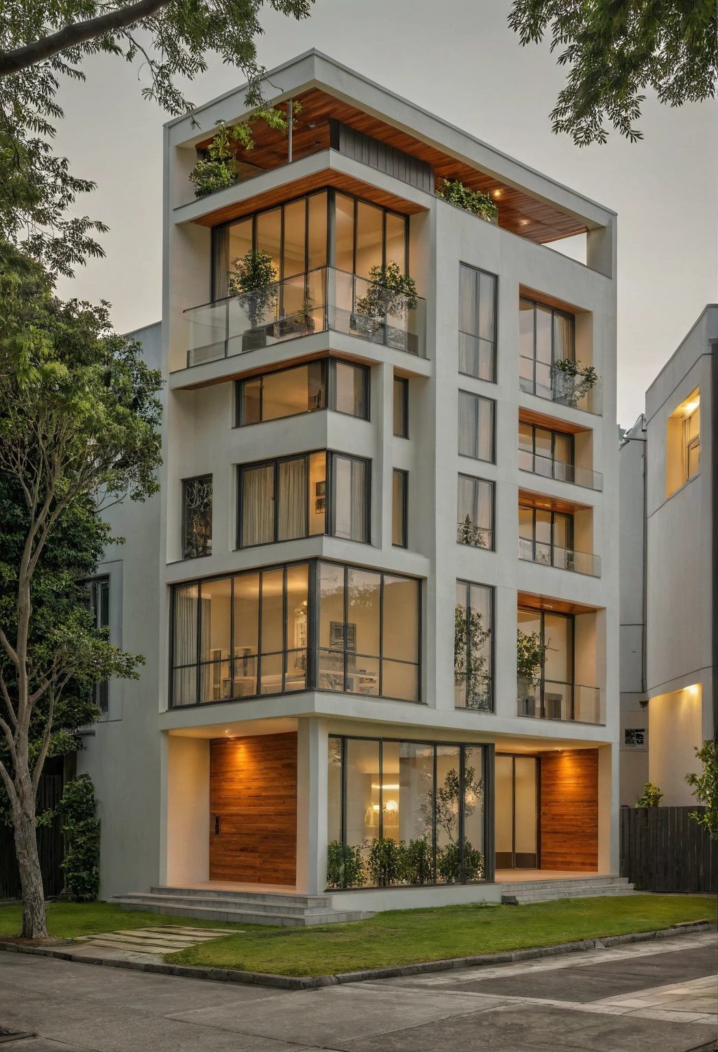 Raw photo, Masterpiece, high quality, best quality, authentic, super detail, architecture, house, outdoors,  style modern, minimalist line, wooden, white paint wall, japan style, wasabi style, Jen style, steel stair, glass railing, paint wall decor, tree, street