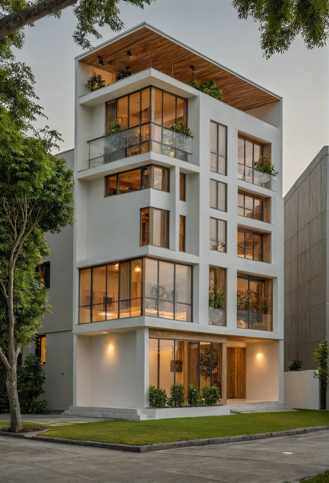 Raw photo, Masterpiece, high quality, best quality, authentic, super detail, architecture, house, outdoors,  style modern, minimalist line, wooden, white paint wall, japan style, wasabi style, Jen style, steel stair, glass railing, paint wall decor, tree, street