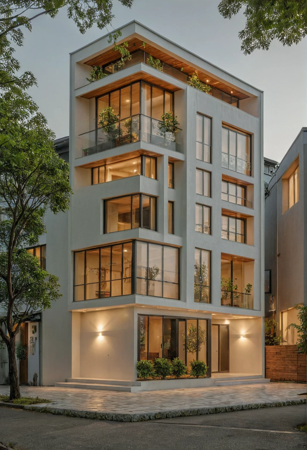 Raw photo, Masterpiece, high quality, best quality, authentic, super detail, architecture, house, outdoors, style modern, minimalist line, wooden, white paint wall, japan style, wasabi style, Jen style, steel stair, glass railing, paint wall decor, tree, street