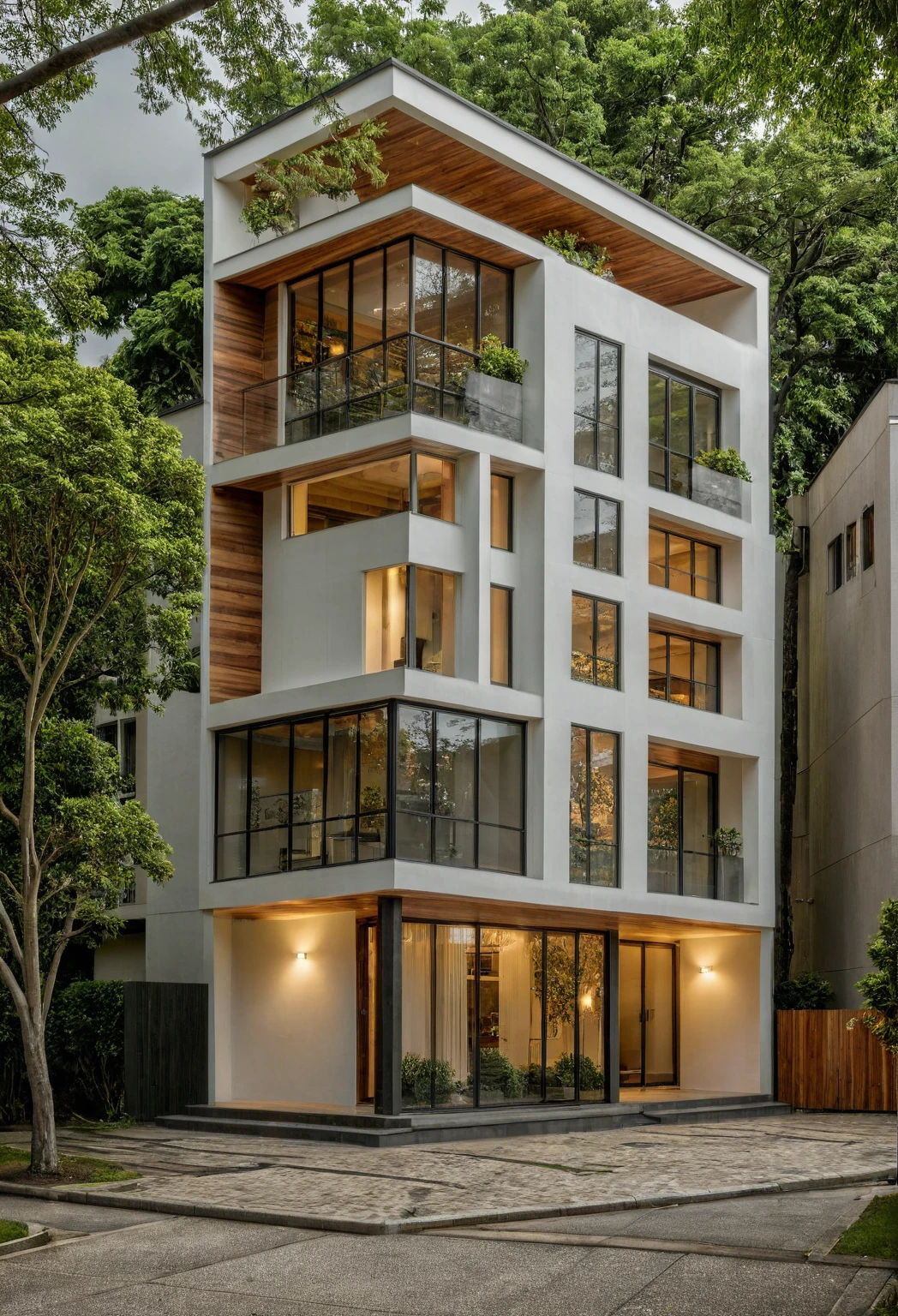 Raw photo, Masterpiece, high quality, best quality, authentic, super detail, architecture, house, outdoors,  style modern, minimalist line, wooden, white paint wall, japan style, wasabi style, Jen style, steel stair, glass railing, paint wall decor, tree, street