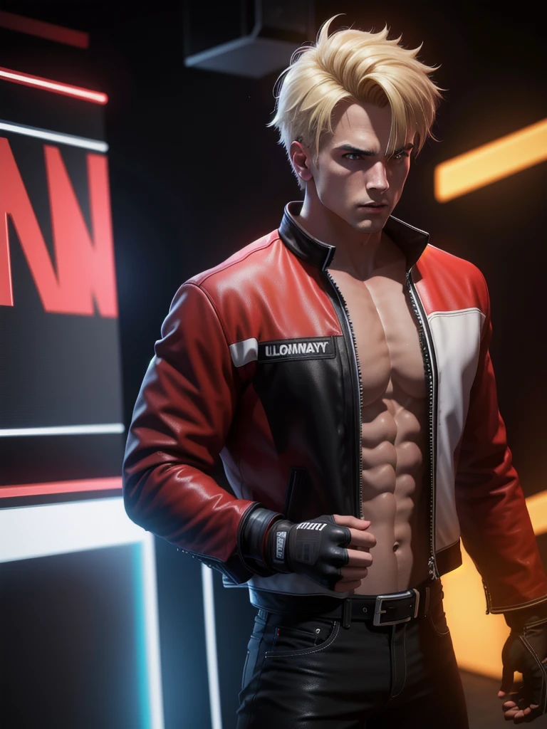 25-year-old man, alone, alone, athletic, muscular, blonde hair, red jacket, black t-shirt, black belt and black pants, black exercise gloves, annoyed look, expelling great blue power, cinematic, ultra-sharp focus, award winning photography, perfect contrast, high sharpness, depth of field, ultra detailed photography, global illumination, fluid, ultra high definition, 8k, Unreal Engine 5, ultra sharp focus, award winning photography, art station trends