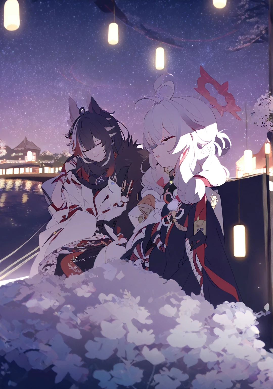 Man and woman couple, couple, walking under the stars, at night, a little stuck, 1 girl, Columbina, multicilor hair, two color hair, colored inner hair, decoration for your hair, black fur, dark fur, with red outline, closed eyes, 1 chico, Kaedehara Kazuha, white hair with a red streak, hair ornament