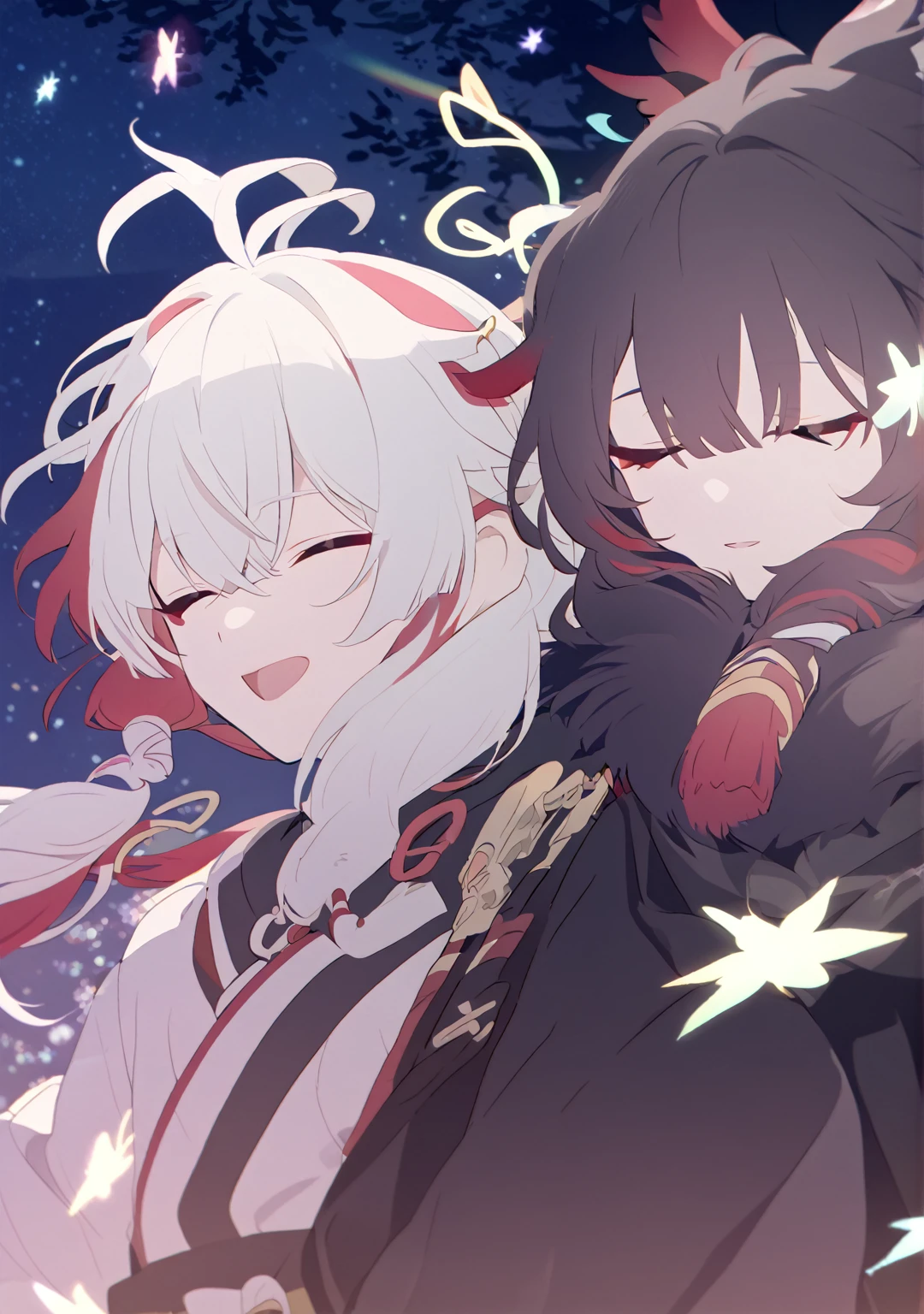 Man and woman couple, couple, walking under the stars, at night, a little stuck, 1 girl, Columbina, multicilor hair, two color hair, colored inner hair, decoration for your hair, black fur, dark fur, with red outline, closed eyes, 1 chico, Kaedehara Kazuha, white hair with a red streak, hair ornament