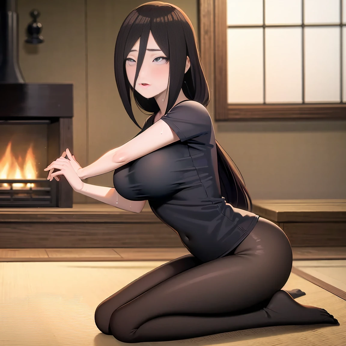 masterpiece, Very detailed, best quality, Ultra-high resolution, 1 Girl, Solitary, (Snow outside the window,exist(bamboo basket)by the fire,Sweating,blush),(中等breast), breast, (Hana and Hinata:1), (Yoga Clothes,Kneeling), cleveage, From the front,sit,exist沙发上,black eyes,White eyes