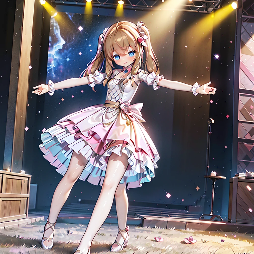 Solo, 1 girl, comical, kawaii, Blue eyes, light brown hair, long twintails, (princess dress), ((yellow princess dress 1.5)), open mouth smile, from back, mid shot, dance at the stage, neon and led lights, posing, sexy, high-resolution image, masterpiece, high quality, attractive eyes, full body, splash color
