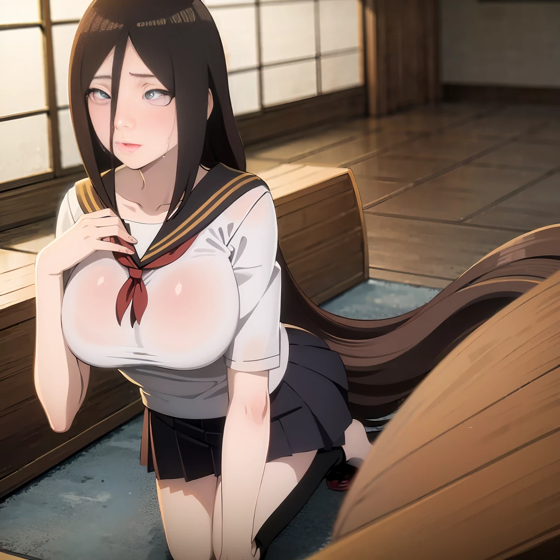 masterpiece, Very detailed, best quality, Ultra-high resolution, 1 Girl, Solitary, (living room,White shirt,Short skirt,Sweating,blush),(中等breast), breast, (Hana and Hinata:1), (Sailor Suit,,Kneeling), cleveage, From the front,sit,On the sofa,black eyes,White eyes,((living room,))