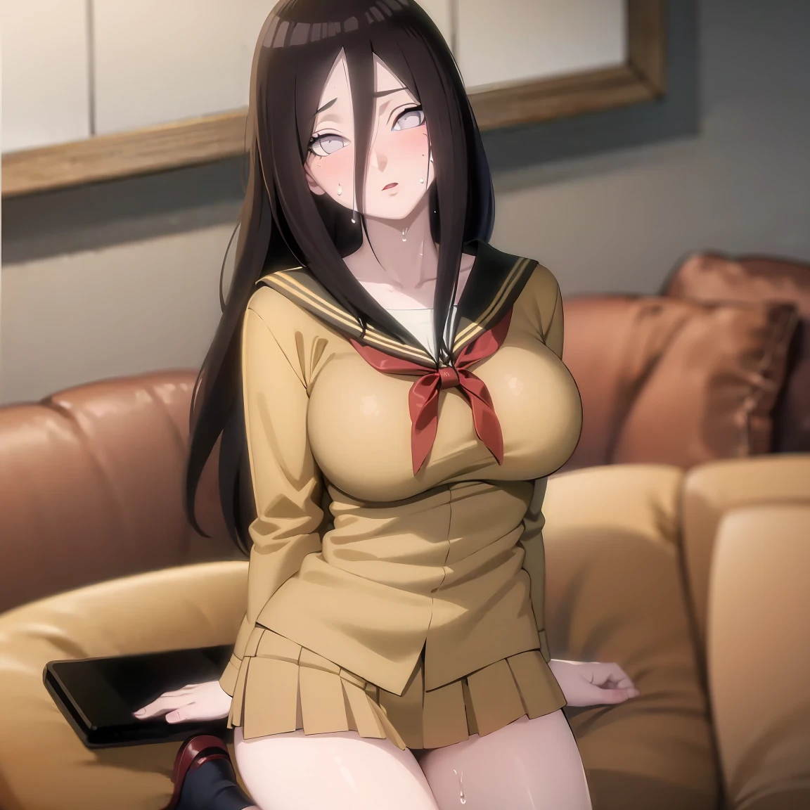 masterpiece, Very detailed, best quality, Ultra-high resolution, 1 Girl, Solitary, (living room,White shirt,Short skirt,Sweating,blush),(中等breast), breast, (Hana and Hinata:1), (Sailor Suit,,Kneeling), cleveage, From the front,sit,On the sofa,black eyes,White eyes,((living room,))