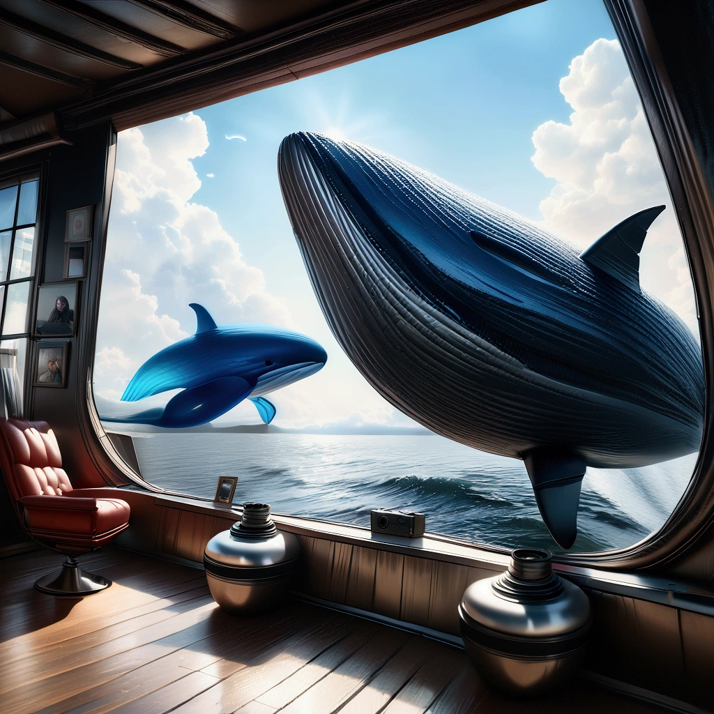 Flying Whale, mechanical whale, jet engine, (glowing Whale:1.4), from side, blue sky, cinematic angle, realistic, hyper-realistic, photorealistic, (best quality,4k,8k,highres,masterpiece:1.2),ultra-detailed,(realistic,photorealistic,photo-realistic:1.37),vivid colors,dramatic lighting,