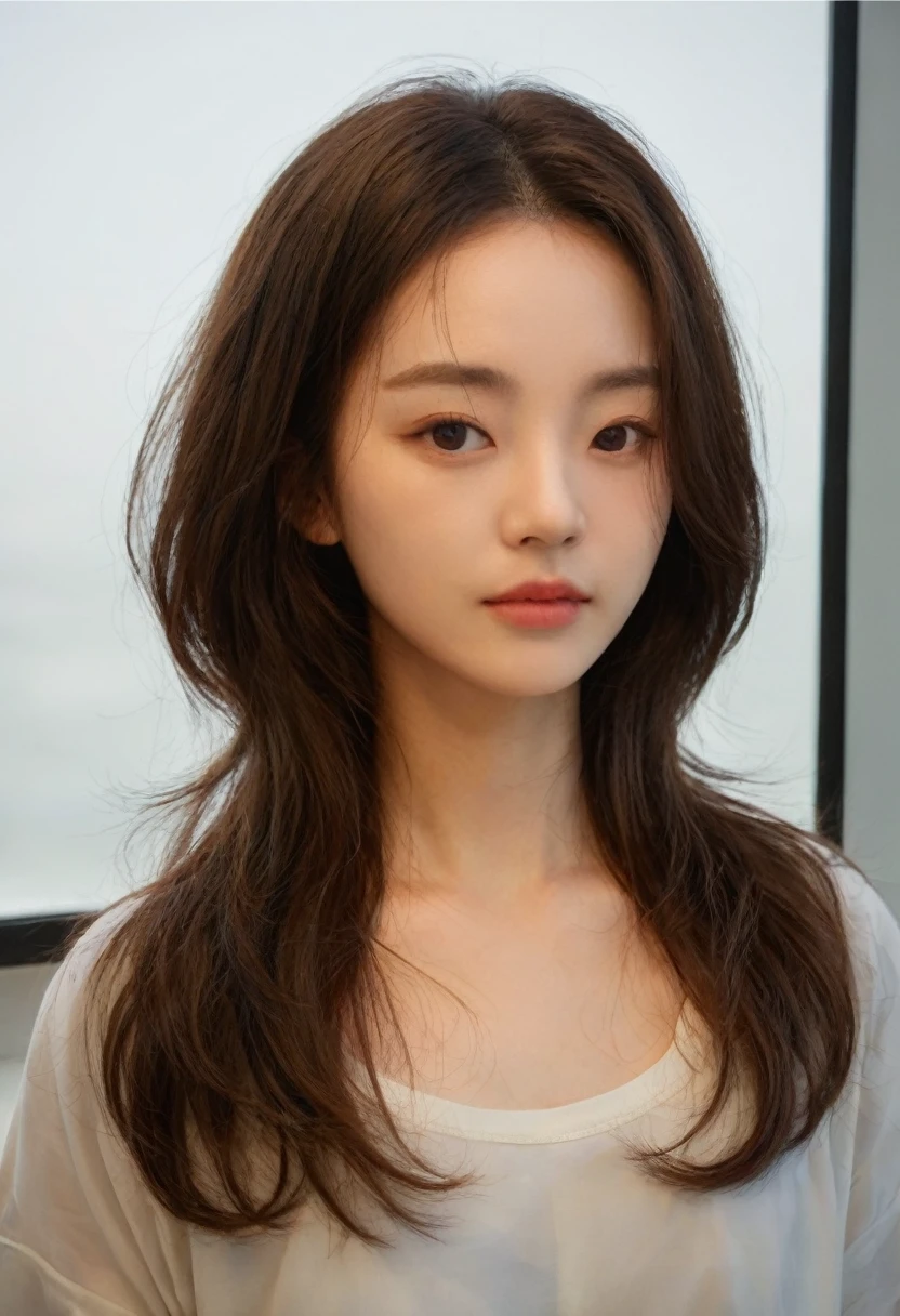 Best Quality, 8k, Masterpiece, (Portrait: 1.3), (photo realistic:1.4), (hyper realistic:1.4), Sharp Focus, looking at viewer, (smoother lighting:1.1), (increase cinematic lighting quality:0.9), realistic lighting, backlighting, light on face, ray trace, (brightening light:1.2), (Increase quality:1.4), sharp detail, (best quality real texture skin:1.4), finely detailed eyes, gray_eyes, finely detailed face, 25 year old Korean woman, (white t-shirt:1.4), (Create an image maintaining the original base model hairstyle:1.5), charmed_face, Thick_lips