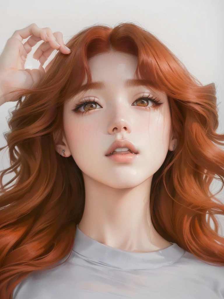 a close up of a woman with long red hair and a gray shirt, portrait jisoo blackpink, sun yunjoo, hair coloring, ginger wavy hair, jisoo of blackpink, jossi of blackpink, jinyoung shin, portrait of jossi of blackpink, park ji-min, jimin\'s plump lips, beautiful south korean woman, portrait of kpop idol, coral brown hair
