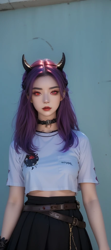 a close up of a woman with horns and a purple hair, (red eyes:1.5) , dark piercing eyes, devious evil expression, character close up, piercing gaze, ( ( deep black eyes ) ), cat - like scarlet eyes, cruel korean goth girl, with long hair and piercing eyes, close up character, glowing ember eyes, character close-up