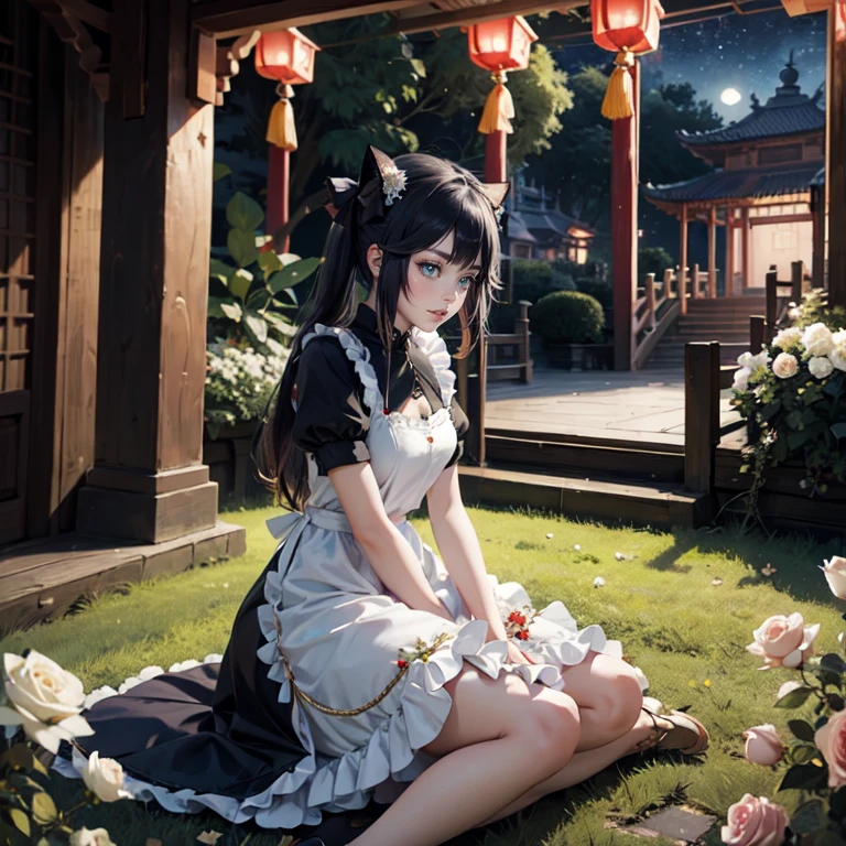 1girl, white roses, long hair, cat ears, roses on her hair, maid dress, maid apron, short skirt, black hair, long hair, seat on the grass, garden scene, maid clothes, gold lantern, navy dress, more details on her clothes, golden details, night, smiling, chinese style, solo, alone, crystal, curtains, full moon on the sky, laces, frills, sparkles, fireflies, seat on the grass, chinese architecture on the background, white roses on the floor, oriental garden scenery, solo, 1 girl