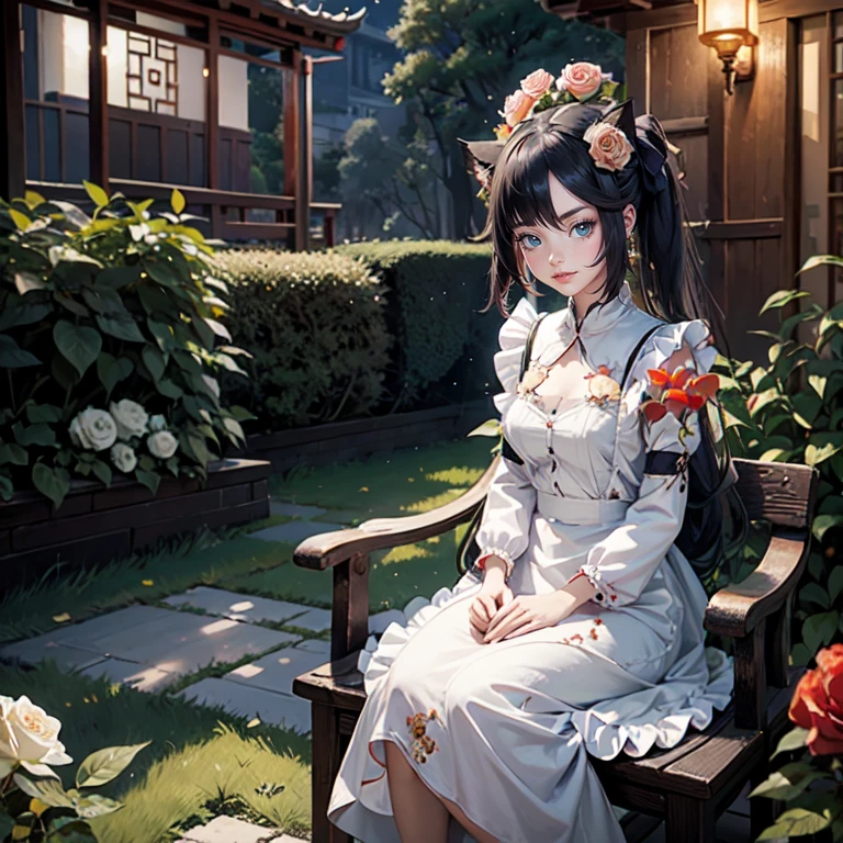 1girl, white roses, long hair, cat ears, roses on her hair, maid dress, maid apron, short skirt, black hair, long hair, seat on the grass, garden scene, maid clothes, gold lantern, navy dress, more details on her clothes, golden details, night, smiling, chinese style, solo, alone, crystal, curtains, full moon on the sky, laces, frills, sparkles, fireflies, seat on the grass, chinese architecture on the background, white roses on the floor, oriental garden scenery, solo, 1 girl