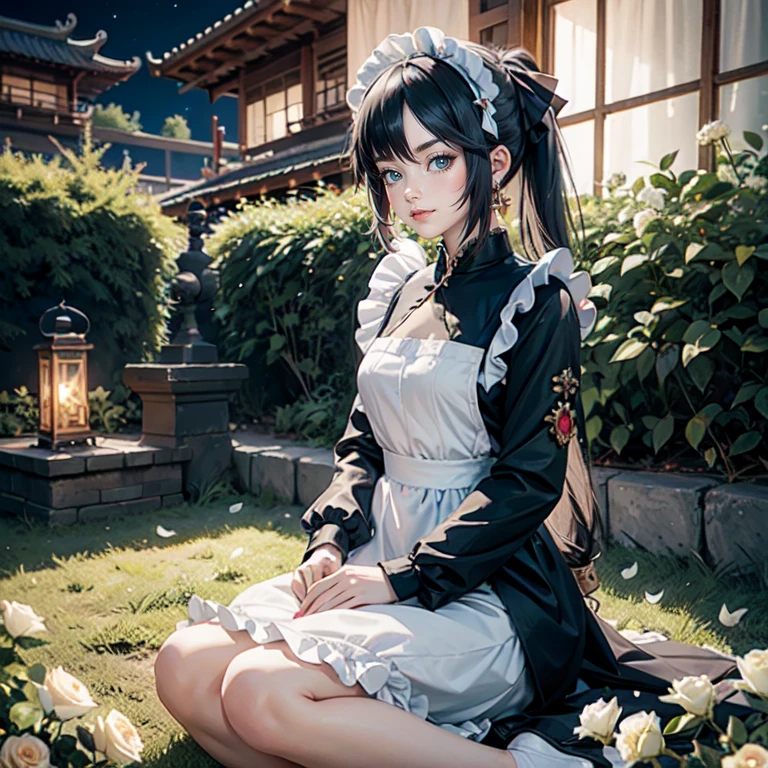 1girl, white roses, long hair, cat ears, roses on her hair, maid dress, maid apron, short skirt, black hair, long hair, seat on the grass, garden scene, maid clothes, gold lantern, navy dress, more details on her clothes, golden details, night, smiling, chinese style, solo, alone, crystal, curtains, full moon on the sky, laces, frills, sparkles, fireflies, seat on the grass, chinese architecture on the background, white roses on the floor, oriental garden scenery, solo, 1 girl