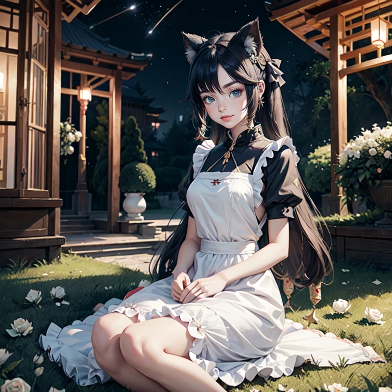 1girl, white roses, long hair, cat ears, roses on her hair, maid dress, maid apron, short skirt, black hair, long hair, seat on the grass, garden scene, maid clothes, gold lantern, navy dress, more details on her clothes, golden details, night, smiling, chinese style, solo, alone, crystal, curtains, full moon on the sky, laces, frills, sparkles, fireflies, seat on the grass, chinese architecture on the background, white roses on the floor, oriental garden scenery, solo, 1 girl