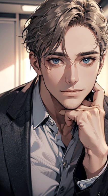 (best quality,4k,8k,highres,masterpiece:1.2),ultra-detailed,(realistic,photorealistic,photo-realistic:1.37),1 man,31 years old,mature man,very handsome,without expression,smile,short grey golden hair,blue eyes,penetrating gaze,perfect face without errors,imposing posture,businessman,office background,cinematic lighting,hdr image