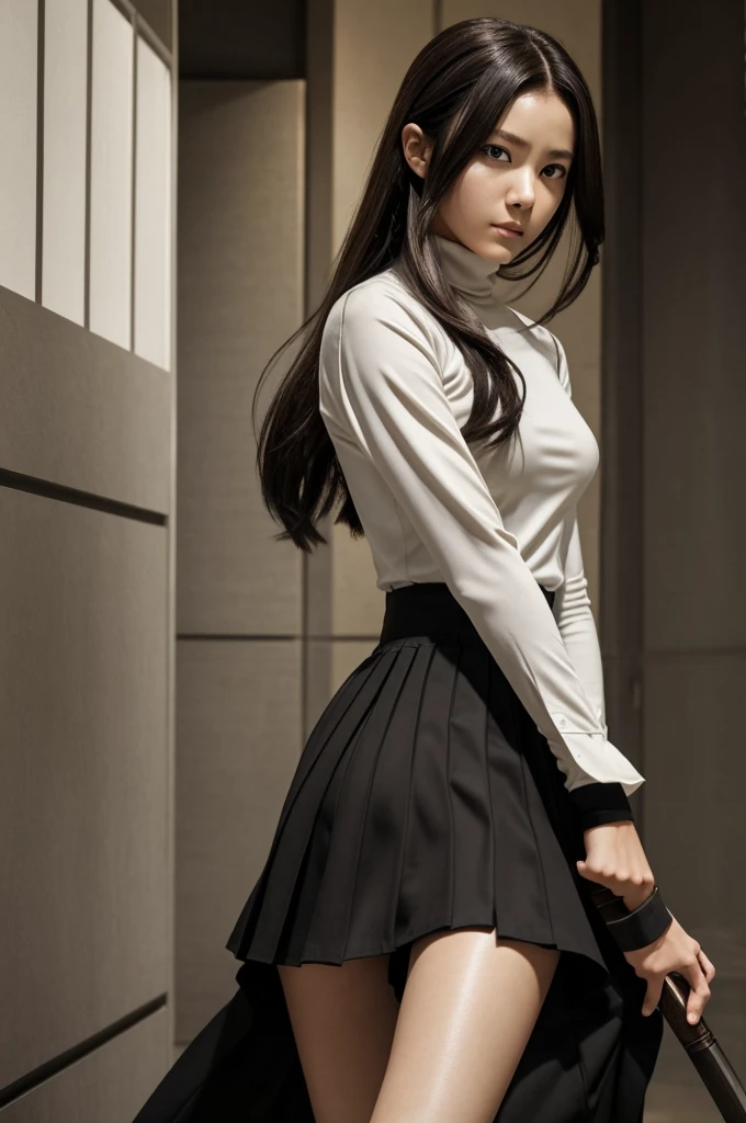 An anime photograph referring to demon slayer of a girl of 1.60 with light brown eyes below and empty dark ones above, dark brown hair with white highlights, She wears a long black skirt with two slits in the legs and a long black turtleneck blouse., with a nice body, she is a demon hunter, He carries two katanas with drawings of black butterflies in his hands., she is accompanied by tanjiro, straight, Zenitsu, tomioka, it washes, and nezuco.