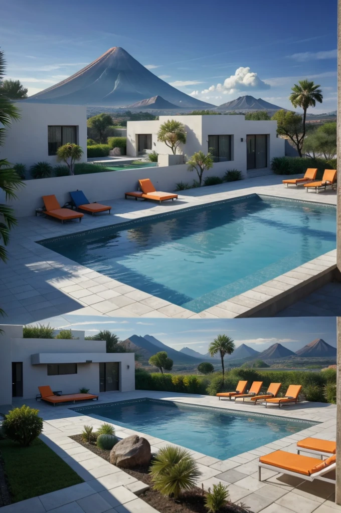 Multiple houses, brutalism style, Luis Barragán, Mountains in background, river, pool, terraces, stairs, garden terraces, trees, beautiful clouds, moon, sun, detailed, cacti, boulders, volcanic rocks, fuggy, Violet, orange, olive green, blue, magenta, amazing volcano in horizont, beautiful garden design