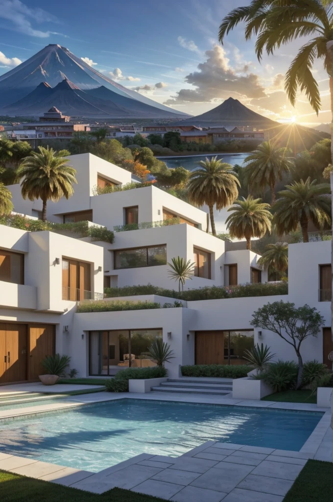 Multiple houses, brutalism style, Luis Barragán, Mountains in background, river, pool, terraces, stairs, garden terraces, trees, beautiful clouds, moon, sun, detailed, cacti, boulders, volcanic rocks, fuggy, Violet, orange, olive green, blue, magenta, amazing volcano in horizont, beautiful garden design