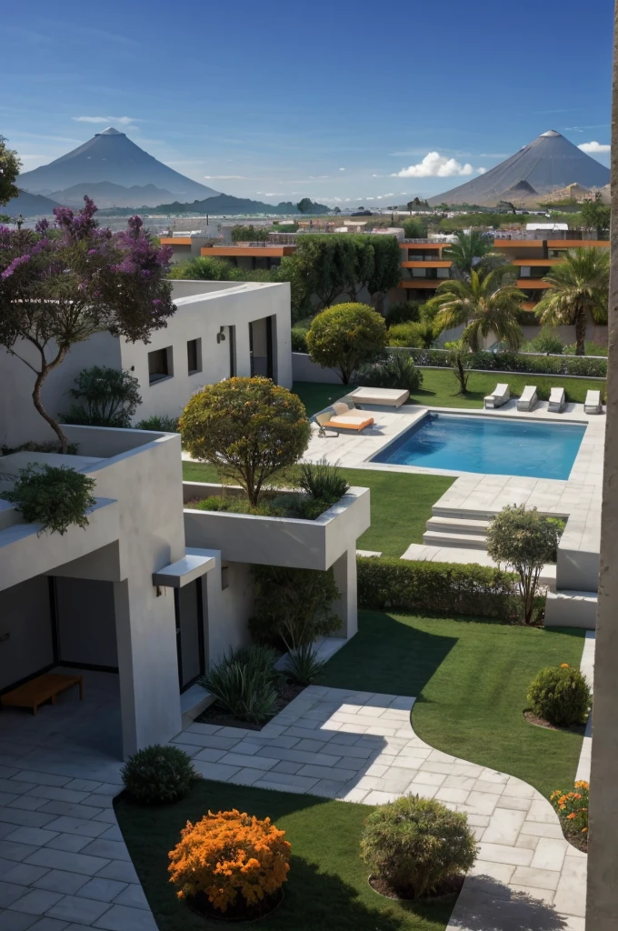 Multiple houses, brutalism style, Luis Barragán, Mountains in background, river, pool, terraces, stairs, garden terraces, trees, beautiful clouds, moon, sun, detailed, cacti, boulders, volcanic rocks, fuggy, Violet, orange, olive green, blue, magenta, amazing volcano in horizont, beautiful garden design