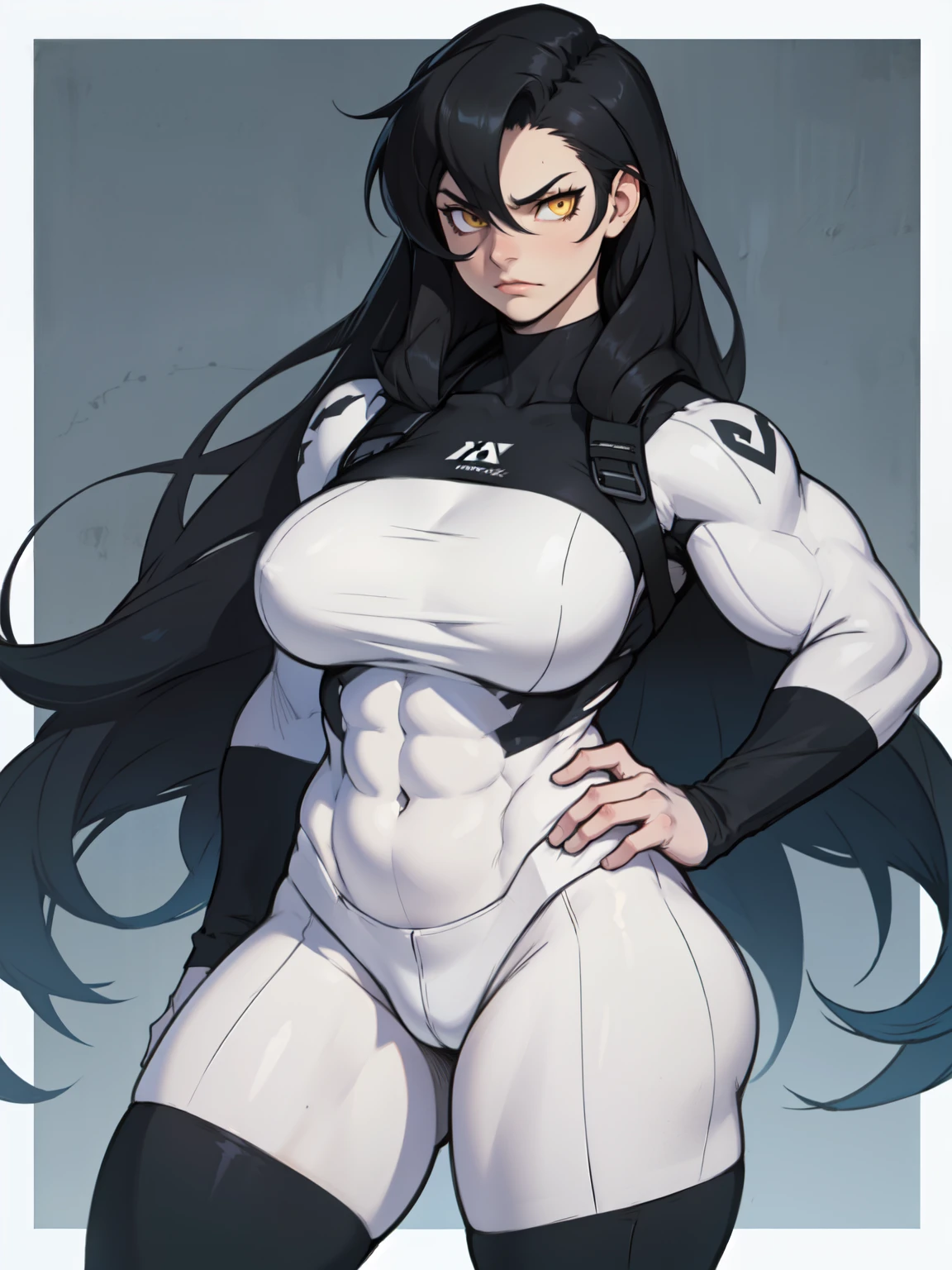 sad solo standing skintight ((muscular girl)) toned body massive breasts yellow eyes black hair pale skin thick very long hair very long hair