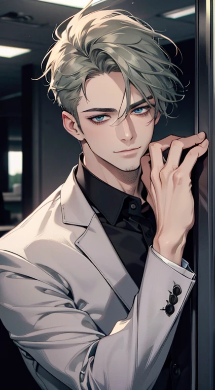 (best quality,4k,8k,highres,masterpiece:1.2),ultra-detailed,(realistic,photorealistic,photo-realistic:1.37),1 man,31 years old,mature man,very handsome,without expression,smile,short grey green hair,blue eyes,penetrating gaze,perfect face without errors,imposing posture,businessman,office background,cinematic lighting,hdr image