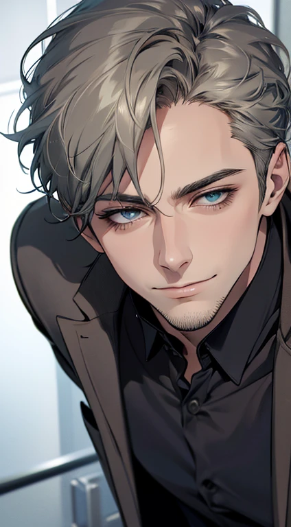 (best quality,4k,8k,highres,masterpiece:1.2),ultra-detailed,(realistic,photorealistic,photo-realistic:1.37),1 man,31 years old,mature man,very handsome,without expression,smile,short grey green hair,blue eyes,penetrating gaze,perfect face without errors,imposing posture,businessman,office background,cinematic lighting,hdr image