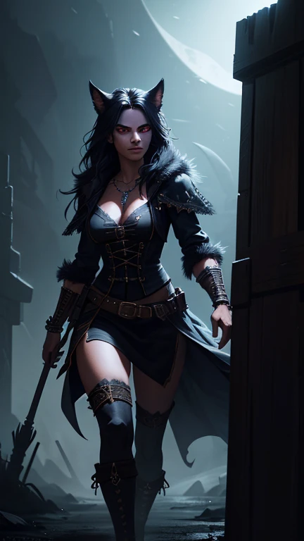 a furry pirate woman, full body portrait, extremely detailed, highly realistic, 2girl, night scene, mysterious atmosphere, dramatic lighting, glowing eyes, sharp fangs, intricate costume and accessories, detailed fur textures, cinematic composition, moody colors, photorealistic, ultra-detailed, 8k, best quality