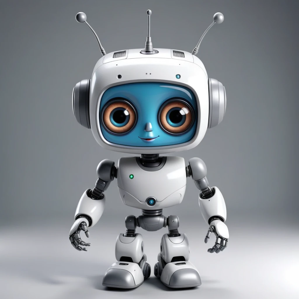 「Lost in the digital world」、Cartoon style robot with a friendly face,Big eyes,antenna,Electronic display panel on chest、