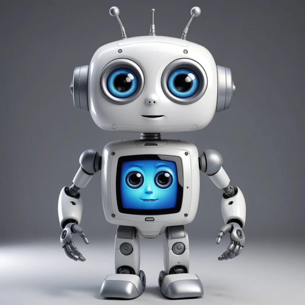 「Lost in the digital world」、Cartoon style robot with a friendly face,Big eyes,antenna,Electronic display panel on chest、