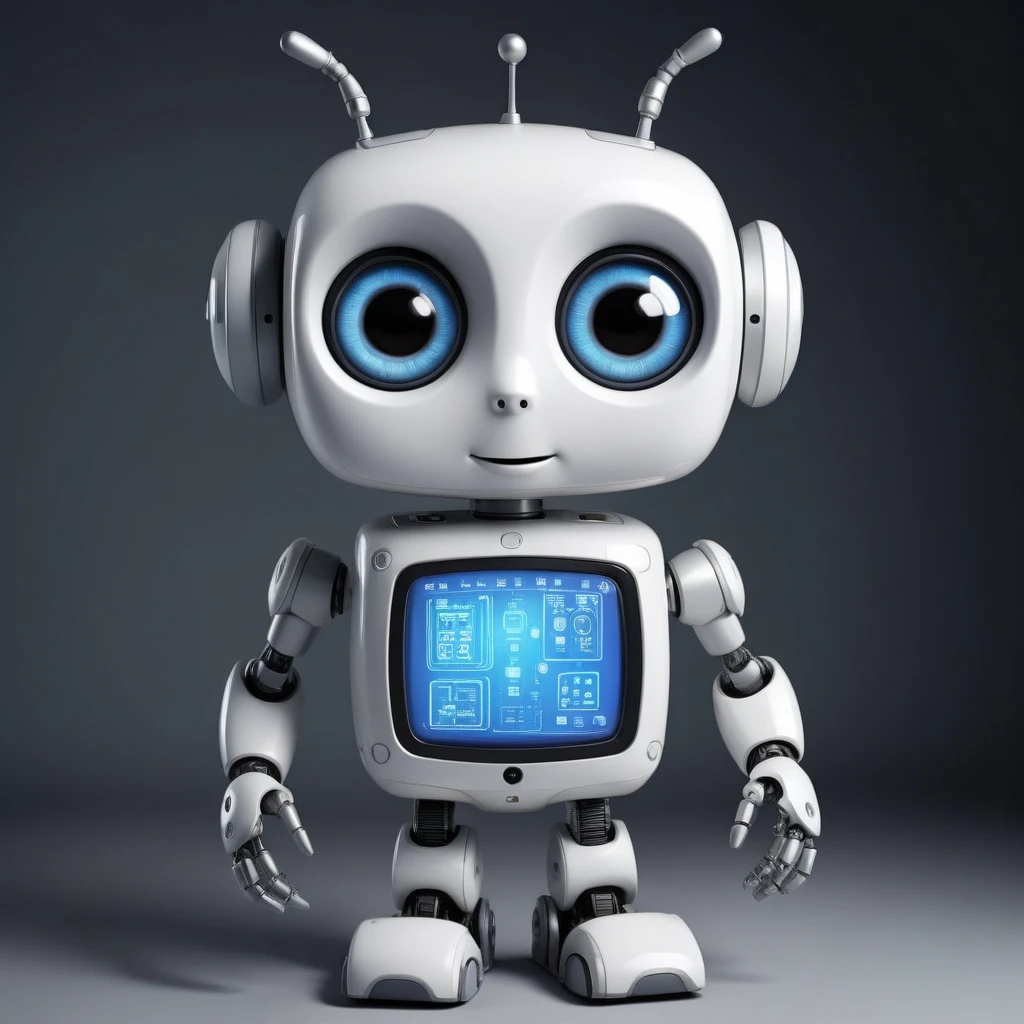「Lost in the digital world」、Cartoon style robot with a friendly face,Big eyes,antenna,Electronic display panel on chest、
