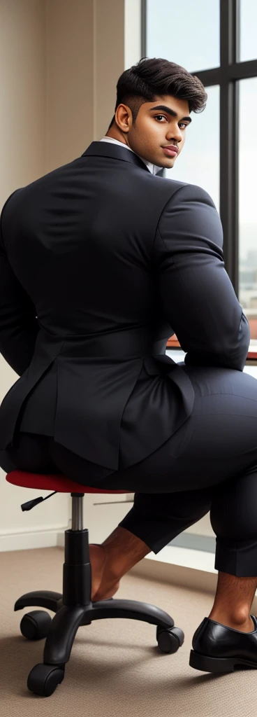 4 meter tall slightly overweight indian men. 20 years old. Childish Young hairless fresh face. In london with friend. Very sexy Posing for camera. Muscular. Wearing a tight blue office suit. Big . Smooth body and face. Belly seen. Long long legs. View from the back.