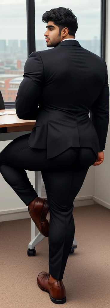 4 meter tall slightly overweight indian men. 20 years old. Childish Young hairless fresh face. In london with friend. Very sexy Posing for camera. Muscular. Wearing a tight blue office suit. Big . Smooth body and face. Belly seen. Long long legs. View from the back.