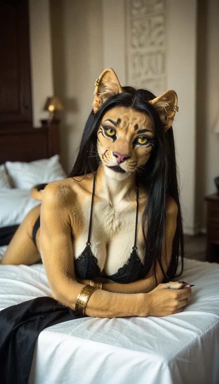 (zPDXL2), score_9_up, Pharaoh, the pharaoh woman, Sphinx, sphinx girl, black sphinx, onyx, monstergirl, photorealistic anthropomorphic animal in bed, furry, , AissistXLv2, unaestheticXL_bp5, SimplePositiveXLv2, zPDXL2 PonyXLV6_Scores